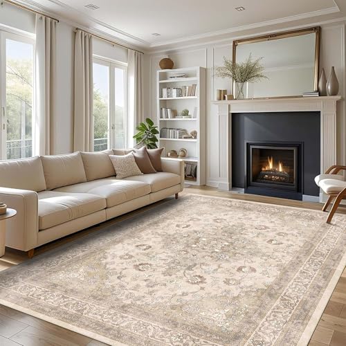 vivorug Beige 9x12 Area Rugs for Living Room, Non Slip Machine Washable Vintage Rug, Ultra-Thin Lightweight Large Area Rug for Bedroom, Dining Room, Low Pile Rug