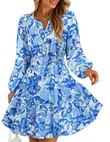 ZESICA Fall Wedding Guest Dresses for Women 2025 Casual Long Sleeve Floral Boho V Neck A-Line Mini Dress with Pockets