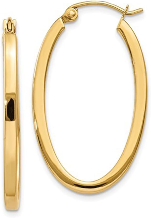 14K Gold Oval Hoop Earrings, (31-52mm) (2mm Tube)