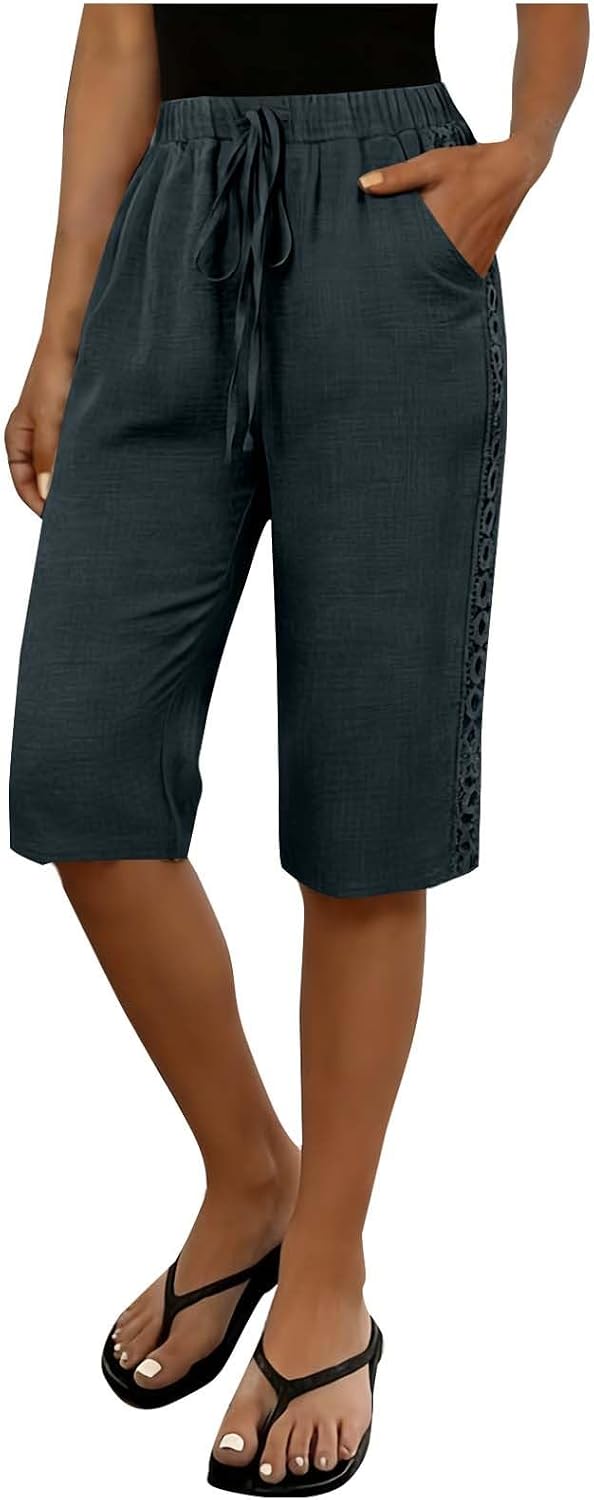 FZYLQY Womens Cotton Linen Shorts Knee Length Side Hollow Capri Pants 2026 Summer Drawstring Waist Beach Vacation Pants