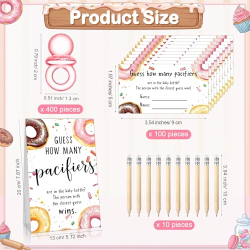 Image of Roowest 512 Pcs Baby Shower Games Guess How Many Pacifiers Sign 100 Small Guessing Games 10 HB Pencils 750ml Milk Bottle 400 Acrylic Pacifiers Decoration for Guest Gender Reveal(Pink,Donut)