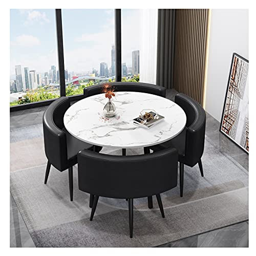 Dining Table Set 35.4" Round Wooden Small Dining Table Set 4 Upholstered Chairs for Small Spaces Kitchen Table and Chairs Dining Room Table Modern Home for Restaurant(White Table and Black Chair)