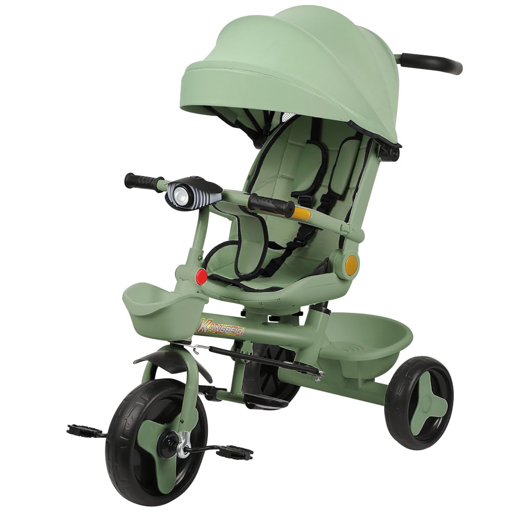 Triciclo bambini fino 25 kg, Passeggino con Maniglione regolabile, Bici, Sedile girevole Fronte Mamma e Strada, Cappottina pieghevole, Ruota libera,100 * 75 * 50 cm - Verde