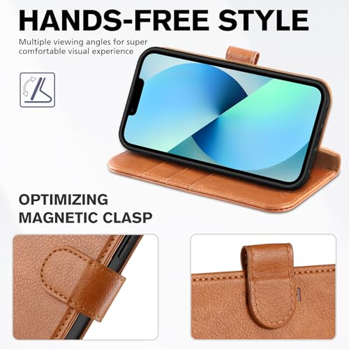 Image of TUCCH Wallet Case for iPhone 13 (6.1 inch) 2021, 3 Card Slots, Light Brown | RFID Blocking, Viewing Stand, Shockproof TPU Shell, PU Leather, Magnetic Closure, Protective Folio Flip Cover