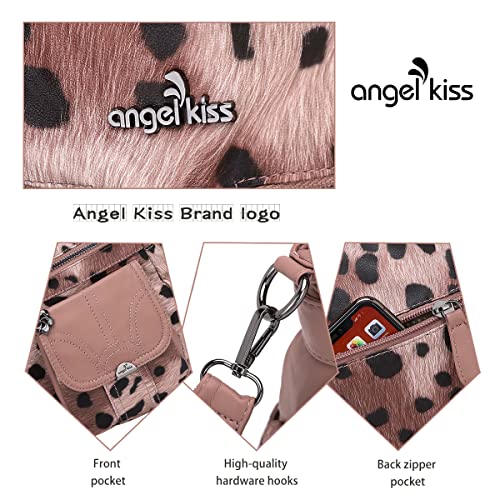 Image of Angel Kiss Women's Designer Handbag Large Double Zipper Multi Pocket Washed Leather Purse