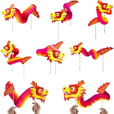 IRmm 8PCS Chinese New Year Paper Dragon, DIY 3D Chinese Paper Dragon Hanging Garland Crafts, Handheld Chinese Paper Dragon Toys for Kids, Children Cover