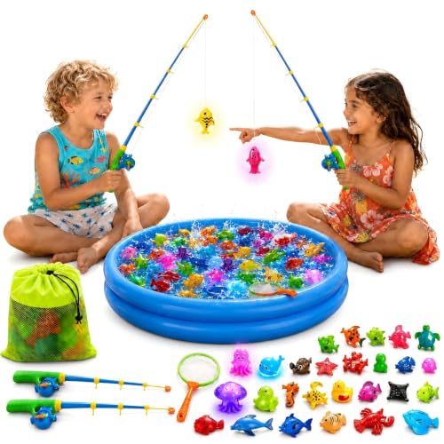 XXL Angelspiel Magnetisch mit 5 LED leuchtenden Meerestieren Wasserspielzeug für 2 Spieler inkl. Planschbecken Pool Spielzeug für Garten & Badewanne Kinderangel ab 3 Jahren Abkühlung Sommer Kinder