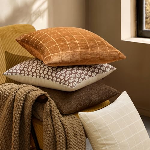 Image of MIULEE Bronze Plaid Decorative Fall Throw Pillow Covers 18x18 Set of 2 | Vintage Check Chenille Couch Pillows Boho Farmhouse Cushion Covers Modern Fall Home Decor for Sofa Bed Living Room