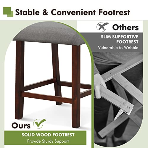 Image of COSTWAY 24.5'' Counter Height Barstools Set of 2 w /Rubber Wood Legs, Grey | Linen Upholstered Bar Stools w / Hollowed Back & Footrest, Mid-century Modern Tall Chair for Kitchen Island Home Bar Pub