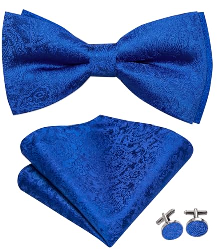 Image of Hi-Tie 5Pcs Mens Solid Color Silk Tie Satin Pretied Bowtie Lapel Pin for Men Handkerchief Cufflink Wedding Gift Box