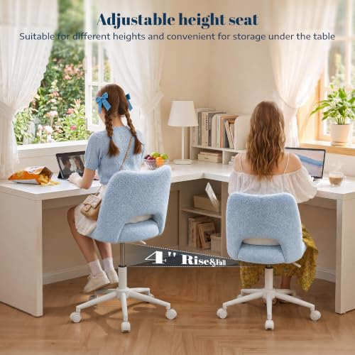 Image of DurayLoly Vanity Chair with Wheels,Open Back, Armless,Light Blue | Chair Soft Teddy Fabric 6 inch Thick Cushion, Height Adjustable 17.5 inch-21.5 inch, 360 Swivel for Vanity Table, Home Office