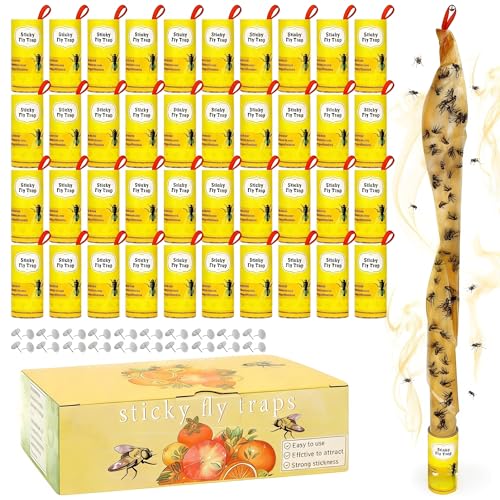 40 Pack Fly Strips Sticky Hanging with Pins, Indoor Outdoor Fly Trap Paper Tape Ribbon Roll, Fruit...