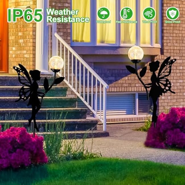 Ouddy Decor 2 Pack Solar Fairy Garden Decor, Metal Statues with Crackle Glass Globe Lights Silhouette Waterproof for Outdoor Lawn Patio Yard Pathway Home Decorations Gardening Gifts