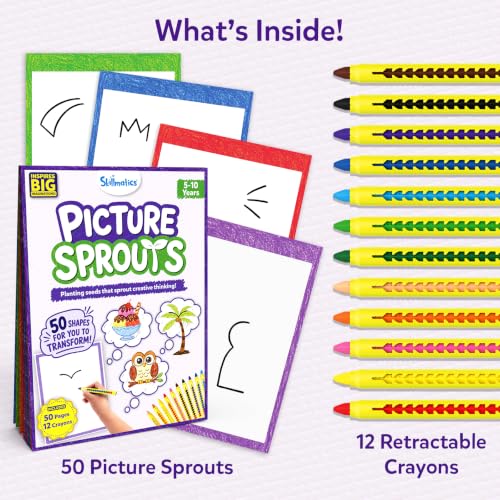 Image of Skillmatics Picture Sprouts - Complete the Picture Art Kit for Kids, 50 Drawing & Colouring Activity Pages, 12 Retractable Mess-Free Crayons, Screen-Free Travel Toy, Gift for Girls & Boys Ages 5-10