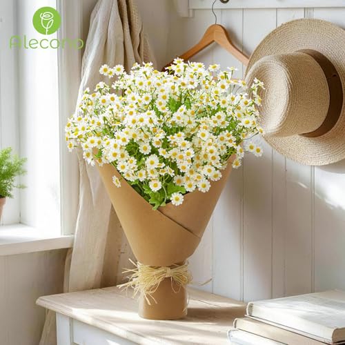 Alecono Artificial Daisy Flowers - Realistic 21 Inch 8 Pcs Long Stem Fake White Daisies with Leaves, Spring Wild Floral Arrangement for Home Decor, Wedding, Table Centerpieces, Party Decoration by Alecono - Used condition - Image 4
