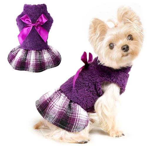 Image of Dog Sweater Dog Winter Clothes for Small Dogs Boy Girl Fall Puppy Dress Warm Fleece Chihuahua Yorkie Teacup Doggy Sweaters Dresses Doggie Sweater for Small Dogs Girl Cat Sweaters, XXS, Plaid Purple