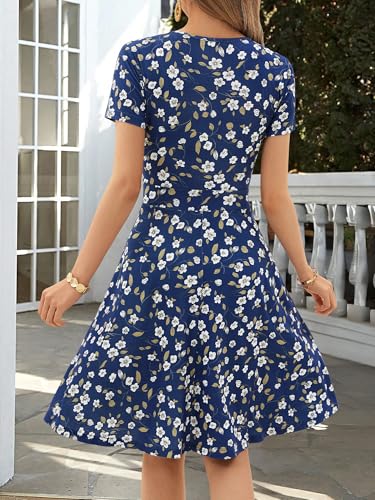 Image of MSBASIC Womens Summer Wrap V Neck Casual Dresses Floral Short Sleeve A-Line Midi Sundress
