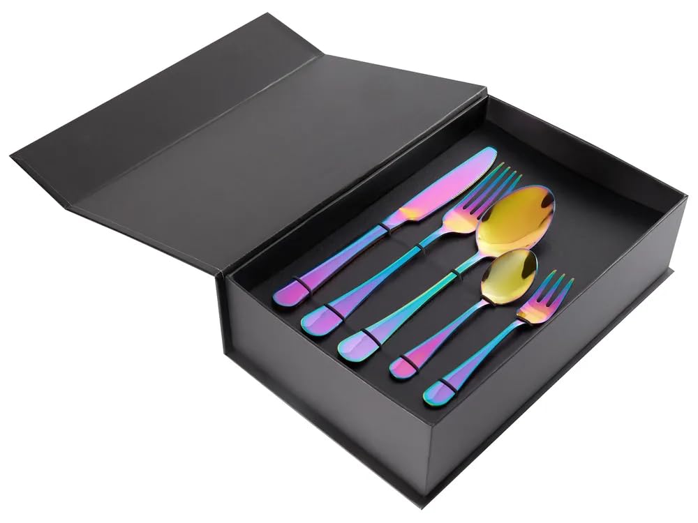 Besteckset 30 teilig für 6 Personen, Edelstahl Besteck Set mit Messer, Gabel, Löffel, Teelöffel & Kuchengabel, 18/8 Edelstahl Tafelbesteck bunt, Modernes Besteck Set spülmaschinengeeignet, Geschenkbox