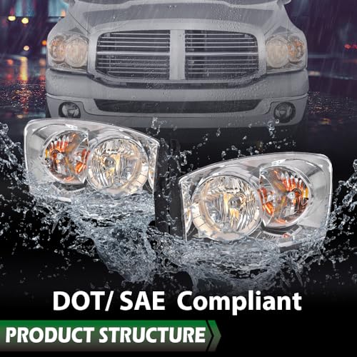 Image of GRAND ORANGE Headlights Assembly with Bulbs Compatible with Dodge Ram 1500 Truck 2006-2008 /Fits Dodge Ram 2500 3500 Truck 2006-2009 Left and Right Side Clear Lens Chrome Housing Clear Reflector