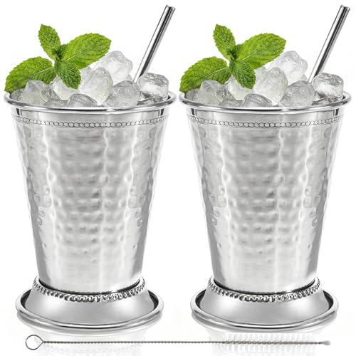 Peohud Set of 2 Mint Julep Cups, 12 Oz Hammered Stainless Steel Drinking Glasses with Straws, Silver Metal Cocktail Glasses for Party Bar Home Restaurant Beer Juice Beverage