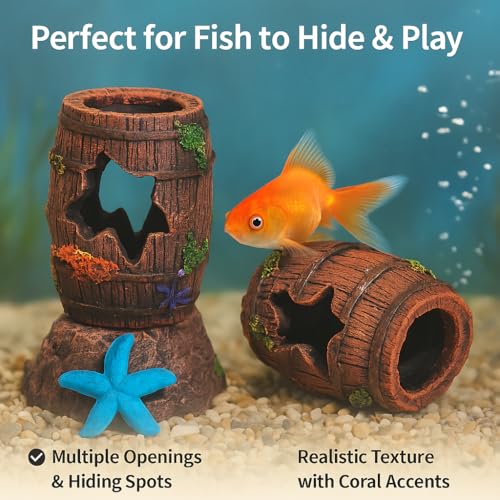 Image of Aquarium Barrel Fish Tank Decorations - Resin Betta Fish Tank Cave with Blue Starfish Ornaments, Rustic Aquarium Ornaments for Small Fish
