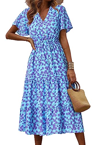 PRETTYGARDEN Summer Floral Dress for Women 2025 Casual Boho Short Sleeve Maxi Dresses V Neck Tiered Flowy Beach Sundress