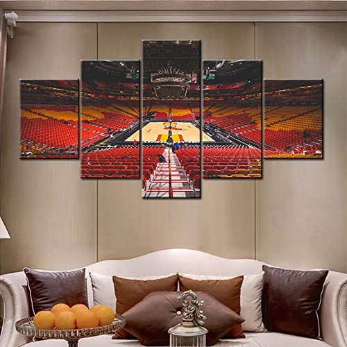 Native American Basketball Decor Nba Miami Heat Pictures American Airline Arena Paintings 5 Panel Canvas Wall Art Modern Artwork Home Decorations For Living Room Framed Ready To Hang - 60''Wx32''H #TOP2