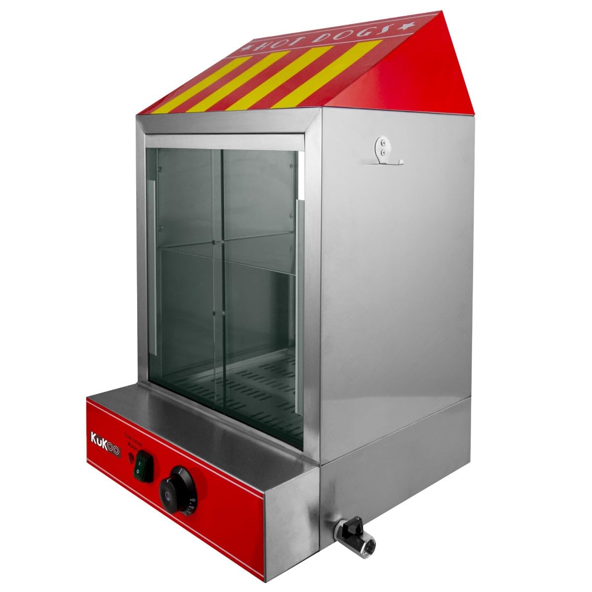 KuKoo - Sfornatore per Hot Dog Elettrico in Acciaio Inox, Scaldavivande Commerciale con Porte in Vetro Scorrevoli, Ripiano Solido Rimovibile, 2 Vassoi Grattugia, Termostato Regolabile da 30 °C a 110 °