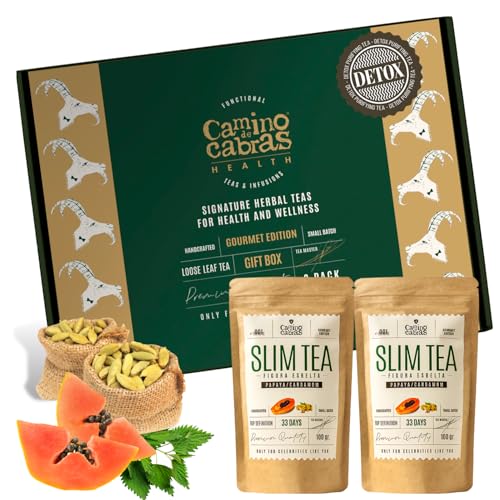 Tisane Confezione Regalo SLIM TEA – Tisana Drenante, Detox, dimagrante Forte, Brucia Grassi - Te verde, Zenzero, Mate, Equiseto, Ibisco, Betulla, Ortica, Papaya, Dente di Leone, Cardamomo, 2x 100g