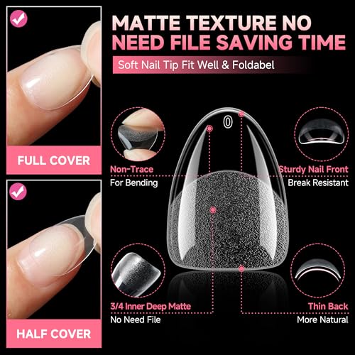 Image of UNA GELLA Extra Short Almond Nail Tips 12 Sizes Matte Gel Nail Tips 120Pcs | Pre-etched Soft Gel Clear Full Cover Nails Tips Short Almond Acrylic False Nails Press On Nails for Nail Extensions DIY Salon