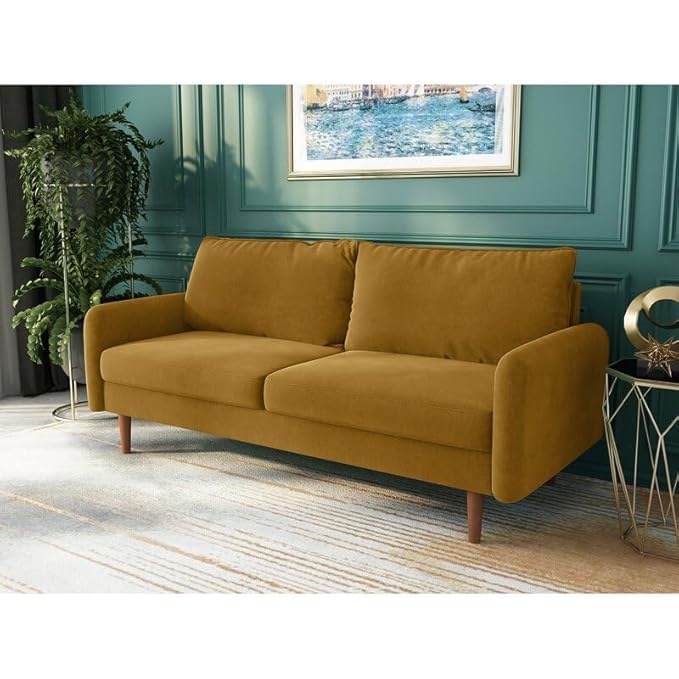 Image of Morrone Velvet Loveseat 3-Seater Sofa, Modern Upholstered Couch for Living Room, Bedroom and Office, Plush Cushion Accent Seating Furniture (Mustard, 3 Seater)