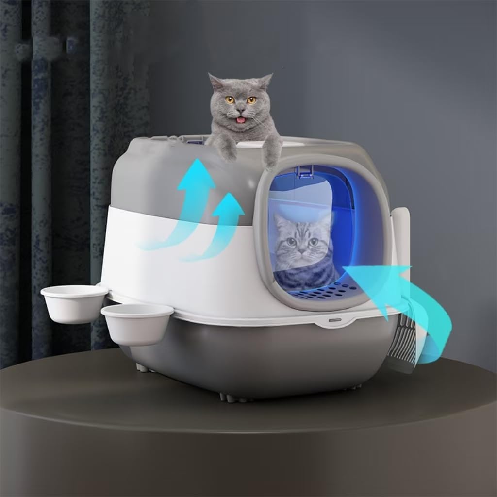 UV Extra Large Foldable Cat Litter Box With Lid, Enclosed Anti-Splashing Kitty Toilet, Scoop and Bowl Included (Grey)