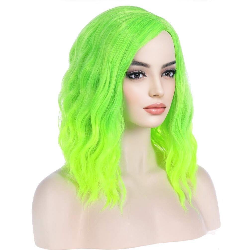 BERON Green Wig Short Curly Wig Neon Green Bob Wigs Lemon Green Beach Wave Wigs for Cosplay Costume Party