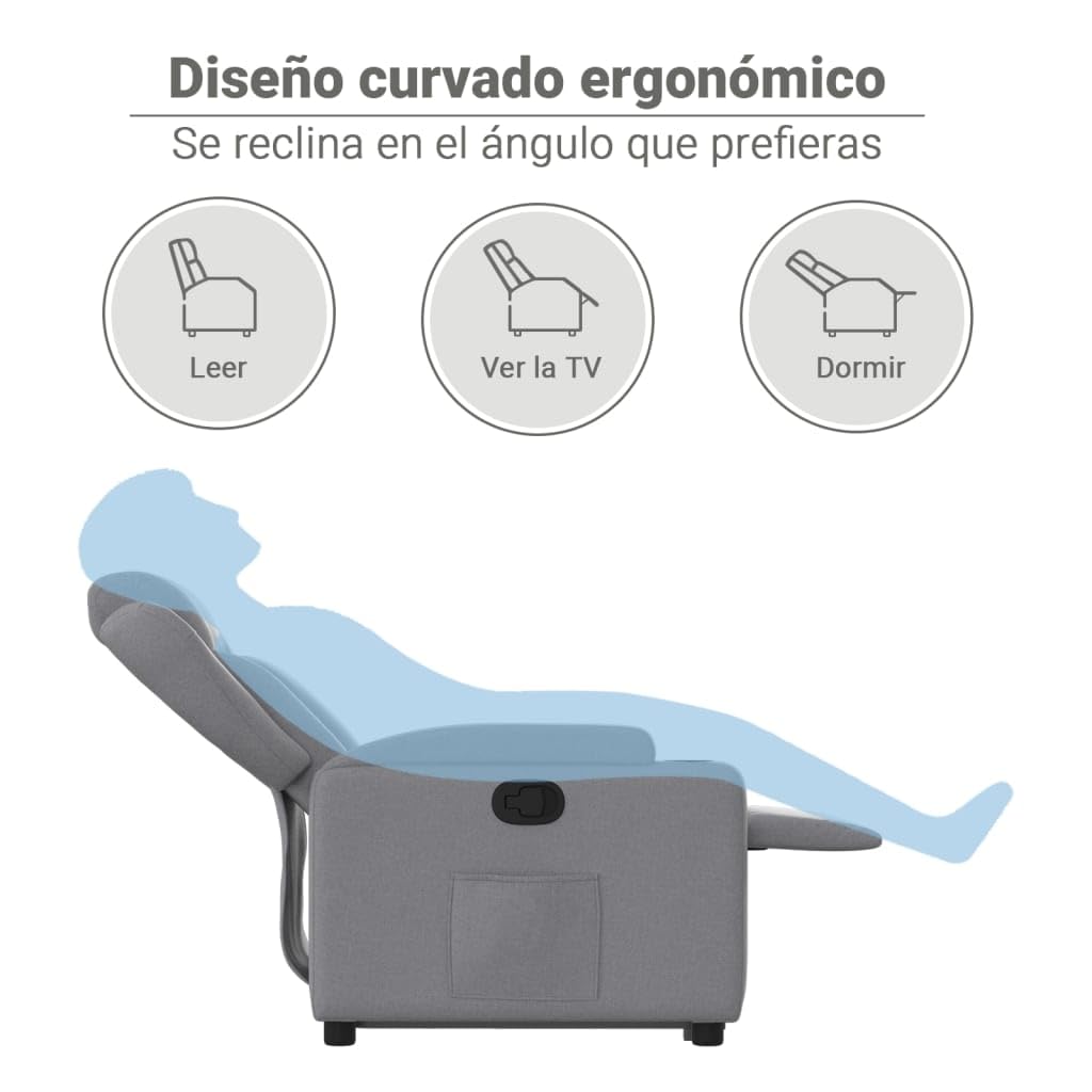 vidaXL Sillón Reclinable Elevable, Silla con Respaldo Reposabrazos, Sillón de Relax Descanso, Asiento Ajustable para Ancianos, Tela Gris Claro