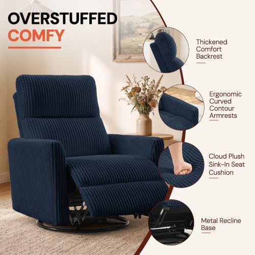 Image of Korser 360 Swivel Glider Rocker Manual Recliner, High Back Corduroy Recliner with Curved Armrests, Blue Nursery Rocking Reclining Chair for Living Room Bedroom Adults