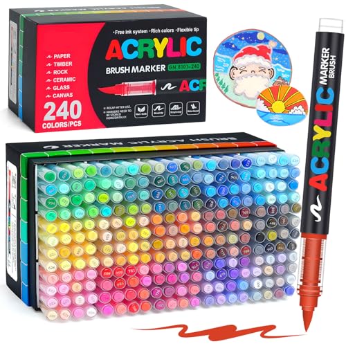 240 Colours Acrylic Paint Pens Set Water-Based Acrylic Brush Markers Brush Tip Paint Pens for Art Crafts Canvas Rocks Wood Glass Non-Toxic Quick Dry Smooth Writing for DIY & Artists