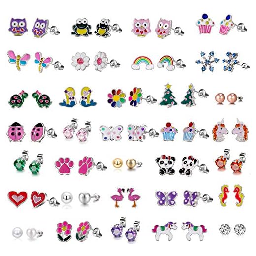 33 PairsStud Earrings Set for Girls - Hypoallergenic Earrings Set for Kids - Colorful CZ Stud Earrings for Little Girls - Animal Earrings for teen Girls Jewelry