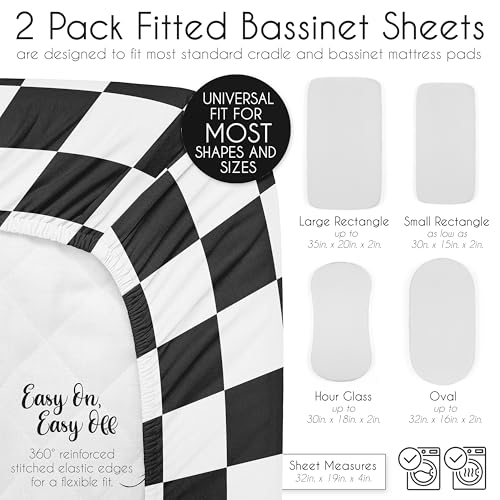 Image of Sweet Jojo Designs 2-Piece Baby Bassinet Sheets Set (Black /White Gingham Checkered Plaid) for Boy /Girl, Infant Newborn Nursery, Oval, Rectangle & Hourglass Mattress (Solid Onyx & Classic Checkerboard)