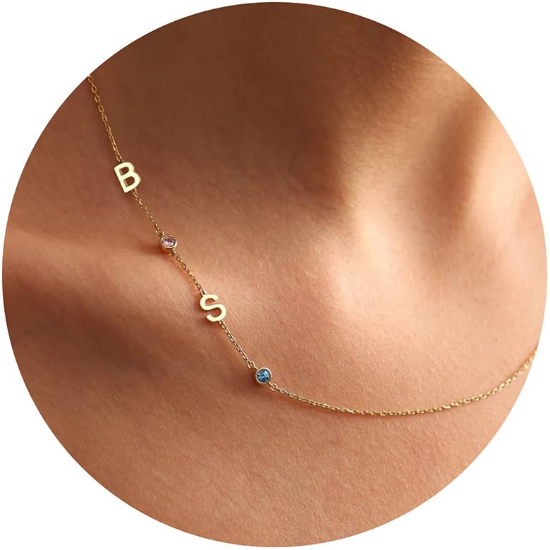Dainty Sideways Initial Birthstone Necklace, Personalized 18K Gold Plated Letter Necklace Custom Name Necklace Customized Jewelry Birthday Christmas Gifts for Women