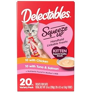 Delectables Squeeze Up Kitten Variety Pack, Creamy Squeezable Puree, Lickable Wet Cat Treats, Grain Free, No Added Fillers, No by-Products, No Added Preservatives, 0.5 Ounces Tube, 20 Tubes Total