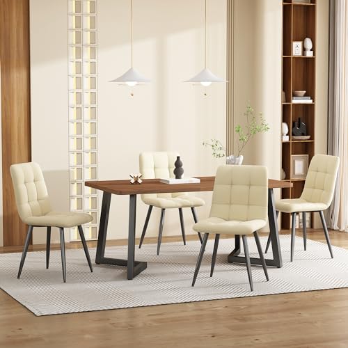 NADEUSAK Juego de mesa de comedor (5 piezas, 70 x 120 cm, con 4 sillas, moderno juego de mesa de cocina con patas de metal negro, tablero de fibra de densidad media en color nogal, sillas de comedor