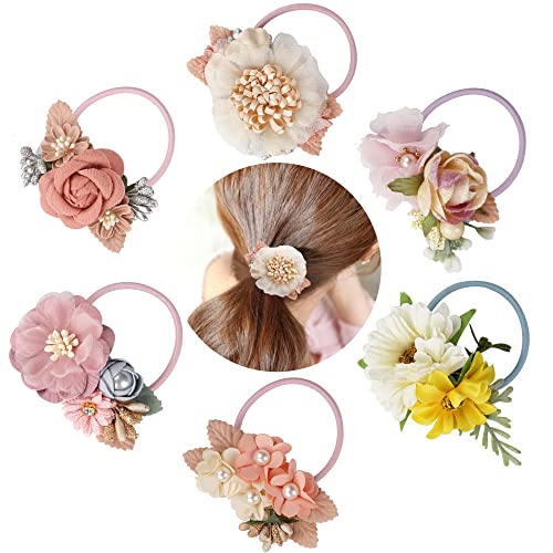 6 Pack Floral Hair Bows Ties Elastic Hair Bands Ponytail Holders, Faux Pearls Floral Hair Ties Hair Accessories For Women Girls Toddlers Kids Children #TOP14