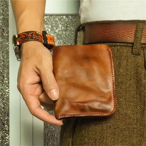 Wallet Vegetable Tanned Leather Wallet Retro Hand-Rubbed Old Wrinkled Multi-Card Slot Zipper Wallet(Yellow)3