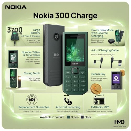 Nokia 300 चार्ज 2G कीपैड मोबाइल फोन|3700 mAh की बैटरी | रिवर्स चार्जिंग | 4-इन-1 चार्जिंग केबल | मजबूत मशाल | PhonePe UPI |1‑वर्ष की रिप्लेसमेंट गारंटी |टाइप-सी चार्जिंग | काला - Image 3