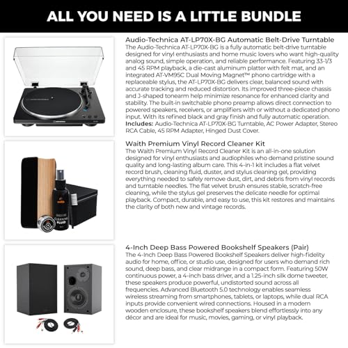 Image of Audio-Technica AT-LP70X-BG Automatic Belt-Drive Turntable - Wireless Stereo Turntable with 4-Inch Deep Bass Powered Bookshelf Speakers (Pair) & Premium Vinyl Record Cleaner Kit - Essential Bundle Set