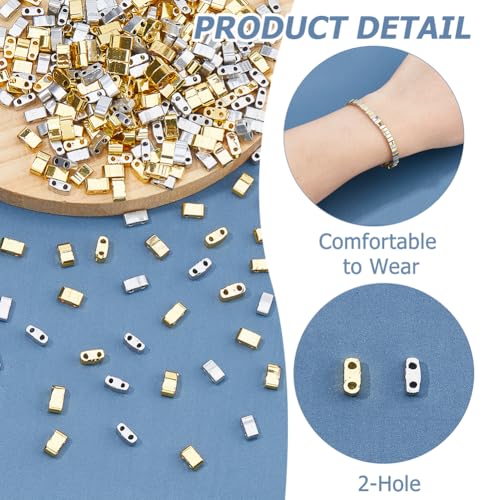 Hobbspring 300Pcs 2 Colors 2-Hole Glass Seed Beads Silver & Golden Glass Tila Beads Flat Rectangular Square Beads Tila Loose Spacer Beads for Necklace Bracelet Earring Jewelry Making - Image 4