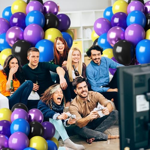 Image of HILAVO Purple Blue Yellow Black Balloons 60 Pcs Metallic Purple Royal Blue Black Yellow Game Latex Balloon Gaming Party Balloon for Kids Gamer Night Birthday Graduation Party Decoration Supplies