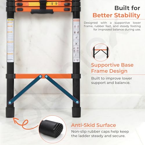 Image of Plantex 2.7m (8.85 ft.) Telescopic Ladder /Carbon Steel 7-Steps Portable & Compact Ladder /Foldable Multipurpose Collapsible Ladder for Home & Outdoor Use - (Orange)