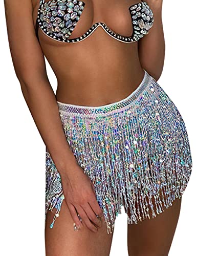 Sequin Skirt Fringe Skirt Belly Dance Hip Skirt Rave Party Costume Sparkle Skirt With Heart Sunglasses For Women And Girls (White) #TOP3