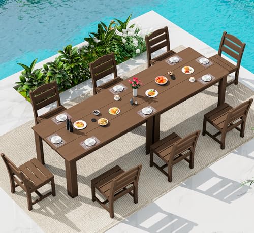 Image of SERWALL 59 inch Patio Dining Set for 8, HDPE Dining Set, Brown | Include 2 Rectangular Tables and 8 armless Chairs, All Weather Dining Sets for Garden, Backyard